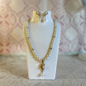 Ocean Crest Pearl Necklace white freshwater pearl necklace with zircon diamonds and a golden pendant with a dangling pearl below it and matching earrings, white pearl necklace, freshwater pearl necklace and earring set