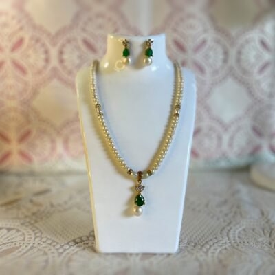 Ivy Whisper Pearl Necklace Set natural white pearl necklace with zircon diamonds white freshwater pearl necklace and earring set with green synthetic onyx gemstone pendant